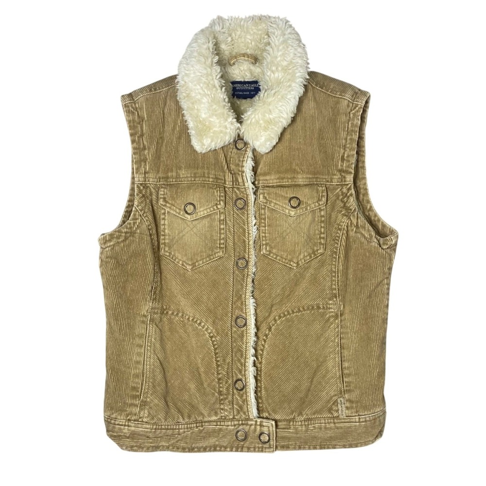 American Eagle Tan Corduroy Sherpa Lined Trucker Vest‎ Womens Small*